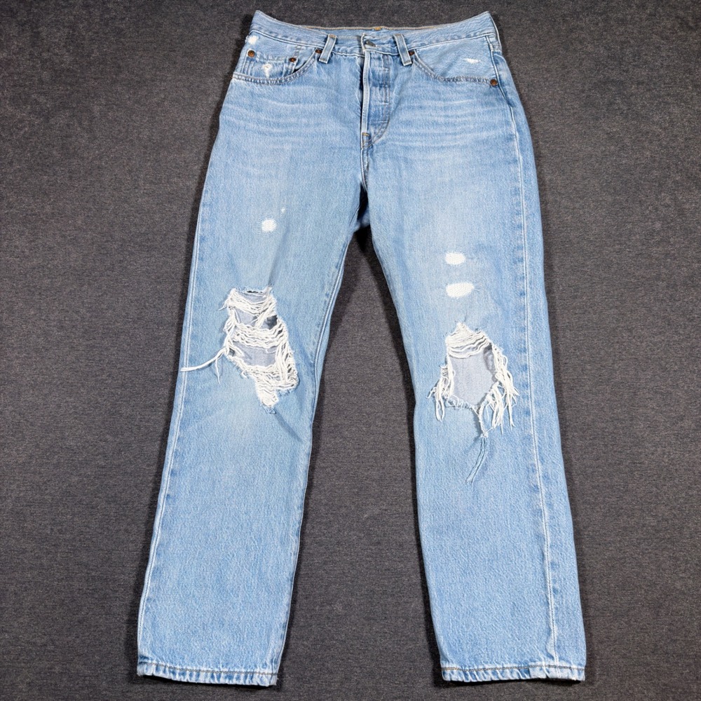 Levi's 501 Original Straight Jeans Women 26x26 Blue‎ Distressed Button Fly Denim